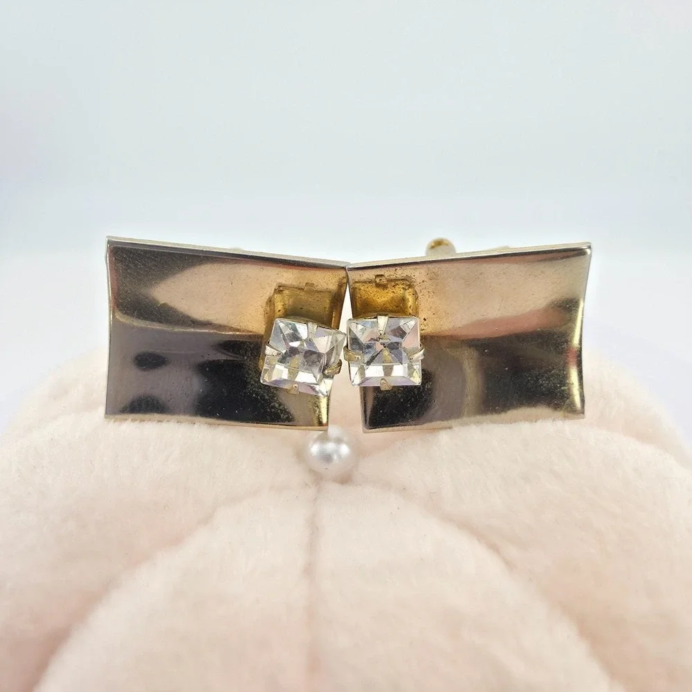 Vtg 75 Yr Old Cufflinks Crystal Rhinestone Accents Bullet Back Yellow Gold Plate